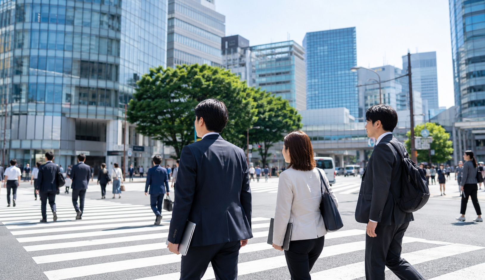 渋谷駅周辺の交差点を歩くビジネスパーソンの様子