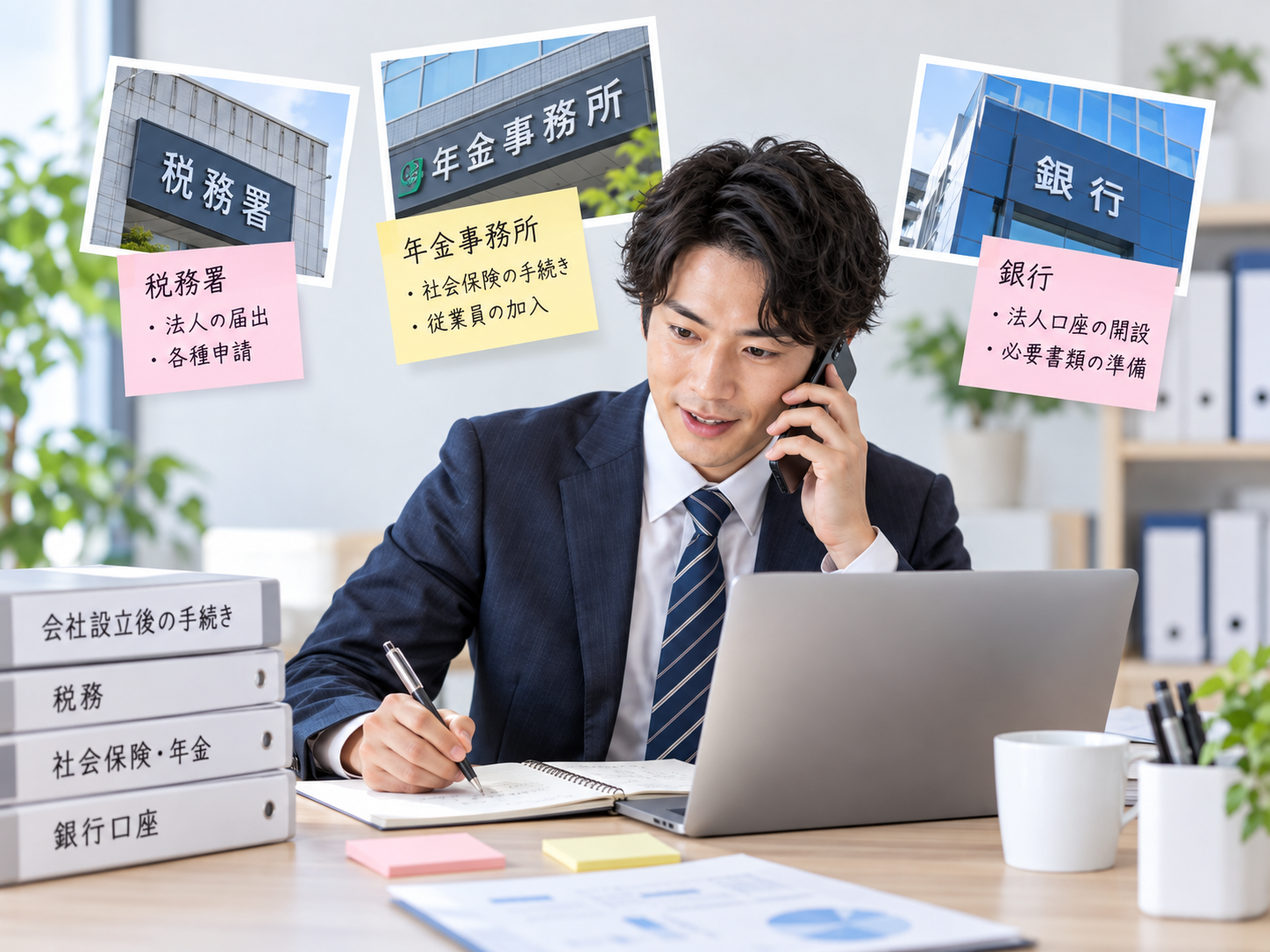 会社設立後に税務署や年金事務所や銀行の手続きに対応する起業家